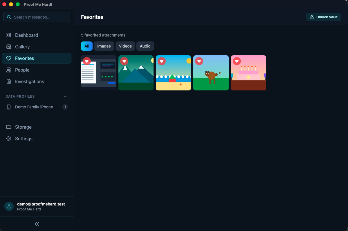 Proof Me Hard favorites view showing selected media